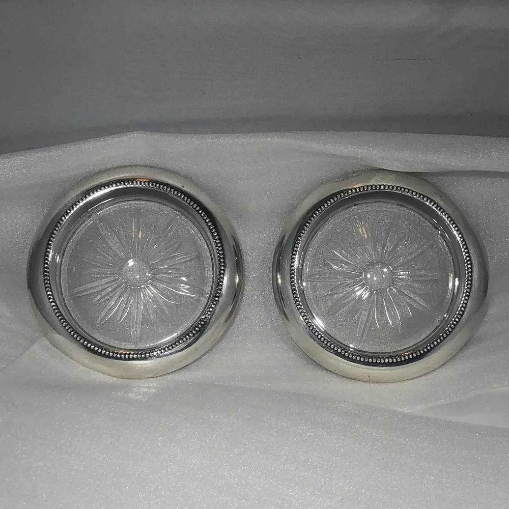 FRANK M WHITING & CO STERLING & CRYSTAL COASTERS - SET of 2